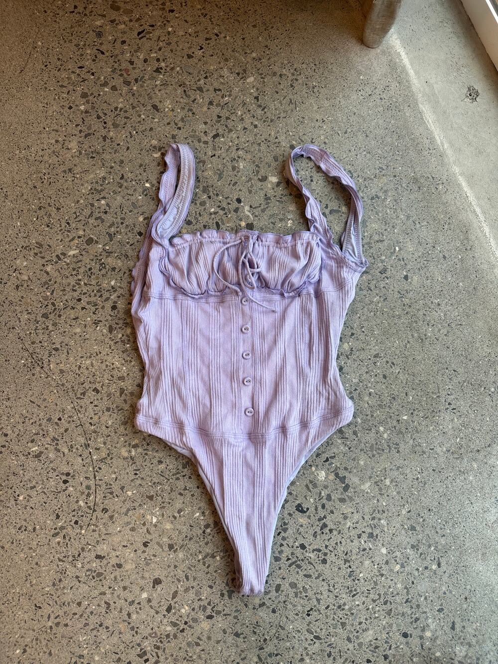Frankies Bikinis M One Piece Swimsuit Lavender Ribbed Ruched Corset low back